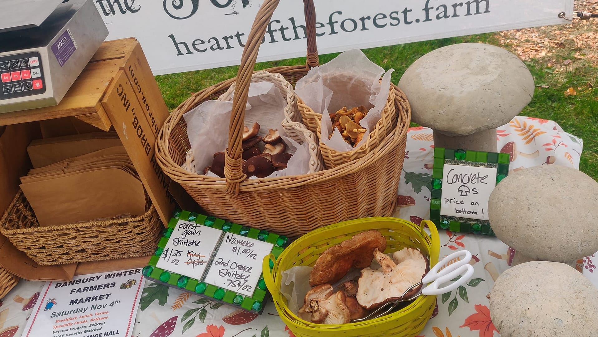 Fresh mushrooms for sale at the Heart of the Forest Farm stand at a New Hampshire farmers market