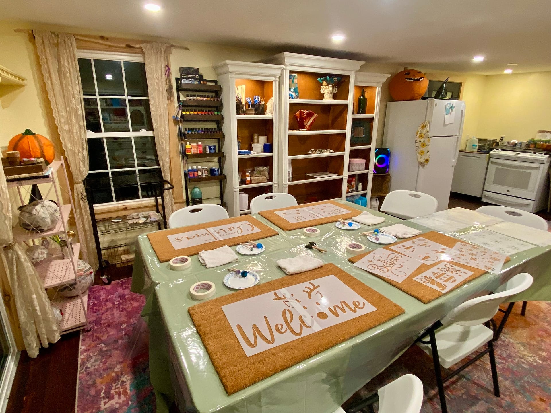 Painted doormat craft class setup at the Craft Cottage in Grafton NH