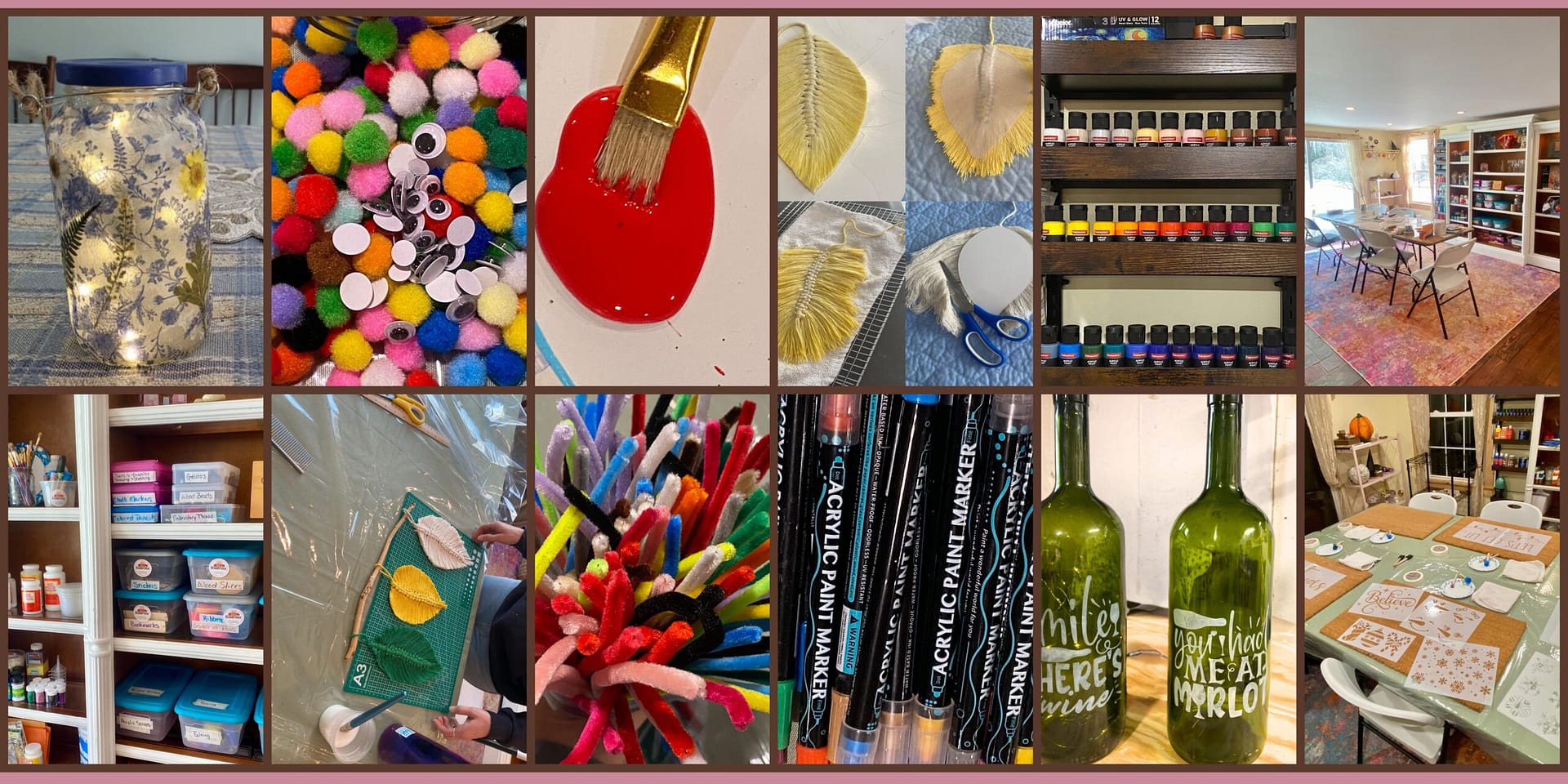 Collage showing craft supplies, community art projects, creative tools, painted bottles, macramé leaves, and the Craft Cottage studio space in Grafton, New Hampshire.