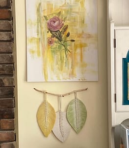 Handmade macrame leaf wall hanging created in a Craft Cottage class in Grafton NH