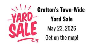 Poster for the Grafton Town-Wide Yard Sale on May 23, 2026, with map registration details.
