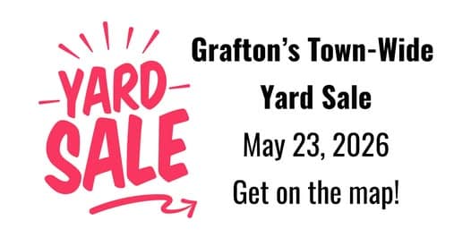 Poster for the Grafton Town-Wide Yard Sale on May 23, 2026, with map registration details.