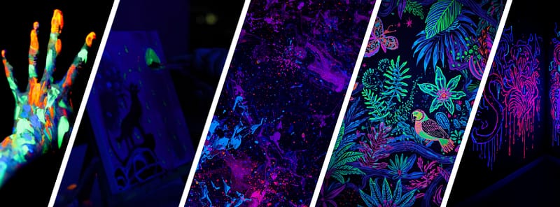 Collage featuring glowing UV-reactive artwork, neon paint splatter, blacklight murals, and fluorescent hand-painted designs for a Blacklight Solstice Paint Party.