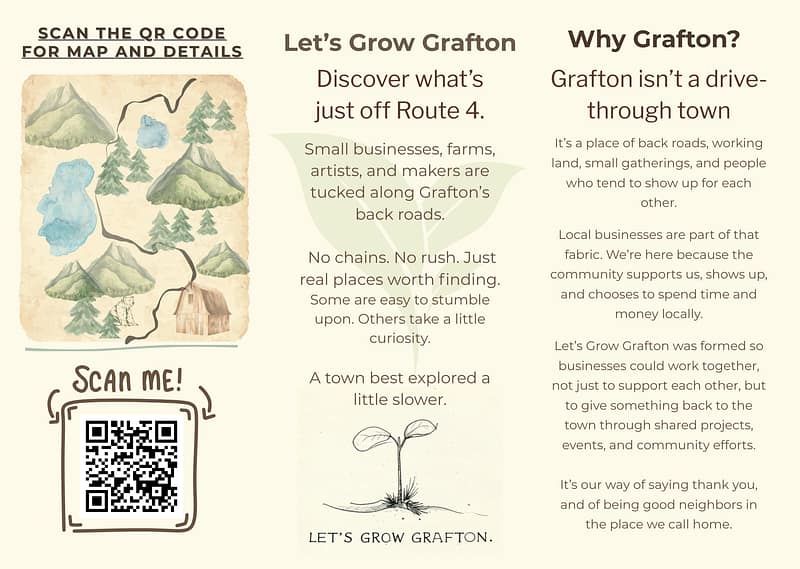 Visitor guide for Grafton NH featuring a local map, QR code, and information about businesses and things to do