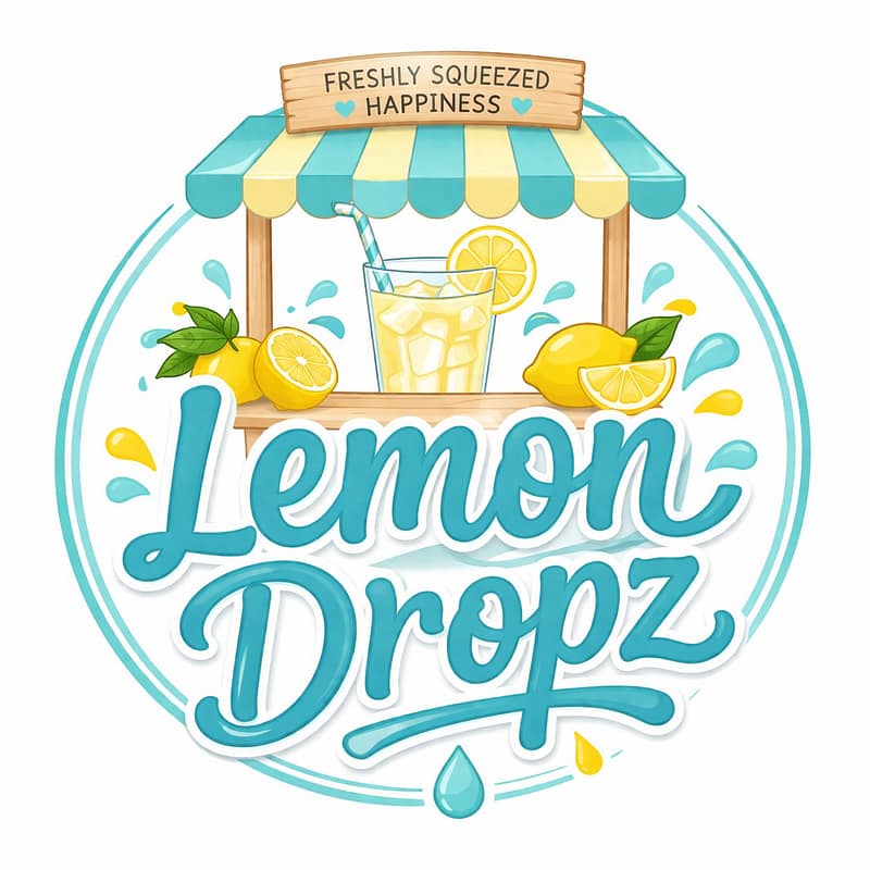 Lemon Dropz logo featuring a lemonade stand with fresh lemons, a glass of lemonade, and the words "Freshly Squeezed Happiness."