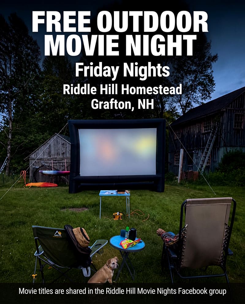 Outdoor movie screen at dusk during Riddle Hill Movie Nights in Grafton, New Hampshire, featuring a family-friendly movie under the stars.